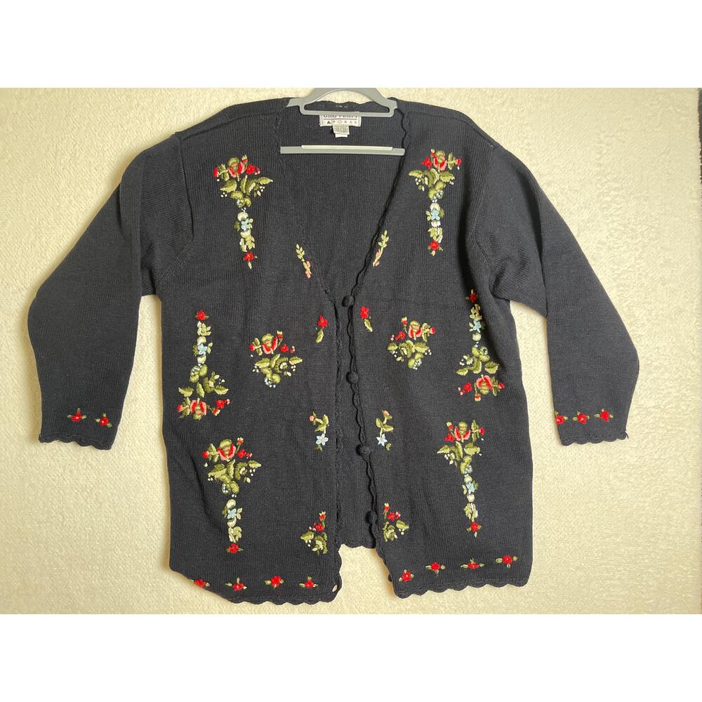VTG Gina Peters Women's Embroidered Floral Knit Cottage Fairy Sweater Black 2X
